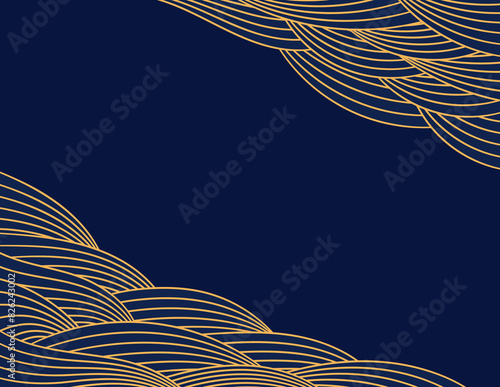 Clouds, waves, curved lines background, frame, border, gold on blue. Vector illustration. Design element, abstract landscape, backdrop, banner. Mid Autumn Festival, Chinese New Year card, poster
