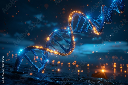 Glowing blue DNA helix in a serene night setting, reflecting the calm yet complex nature of genetics photo