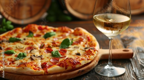 Delicious Margherita Pizza Paired with White Wine on a Rustic Table photo