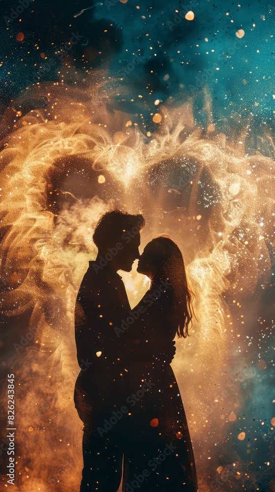 Silhouettes Embracing in a Heart of Magical Dust Silhouettes Embracing in a Heart of Magical Dust