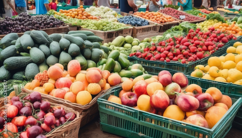 Vibrant display of assorted fresh fruits and vegetables in baskets at a busy outdoor market, showcasing variety and freshness.. AI Generation Vibrant display of assorted fresh fruits and vegetables in baskets at a busy outdoor market, showcasing variety and freshness.. AI Generation