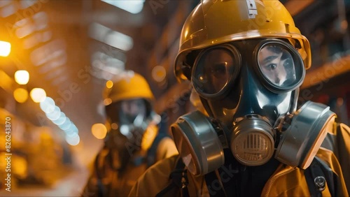 Evaluating Toxic Spills: Technicians in Gas Masks in Industrial Warehouses. Concept Industrial Safety Precautions, Chemical Spill Response, Hazardous Material Cleanup, Protective Gear Usage photo