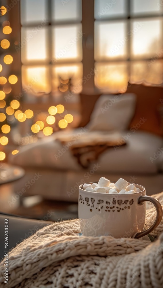 Hot Cocoa Focus on a mug of hot cocoa with marshmallows with a cozy living room background, evening light, empty space right for text Christmas Hot Cocoa Focus on a mug of hot cocoa with marshmallows with a cozy living room background, evening light, empty space right for text Christmas