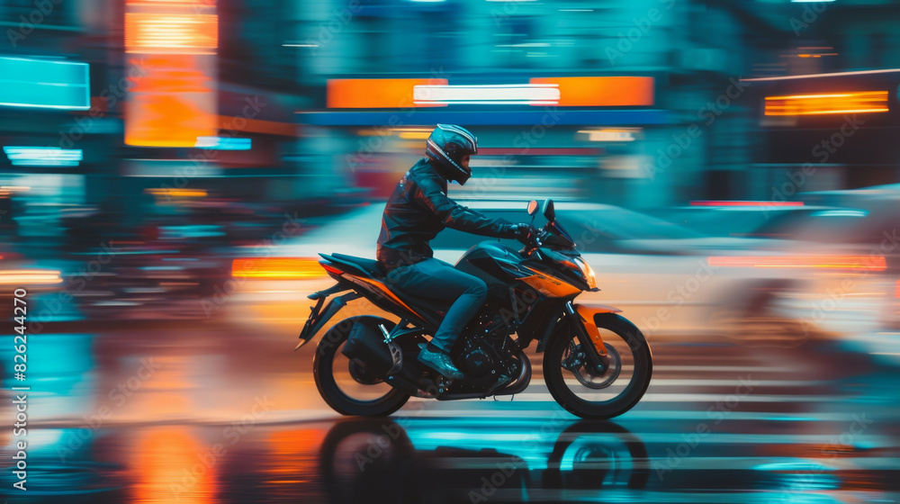 Motorcycle rider in helmet and gear racing at high speed on the nighttime background with motion blur