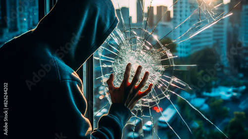 Close up view of vandalized window with shattered glass concept of vandalism or accident photo