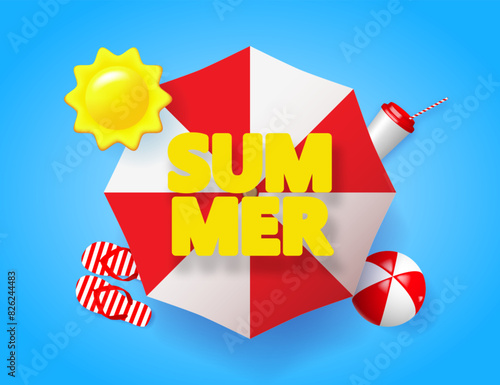 Hello summer poster. Summer holiday background with vector objects. Beach umbrella, sun, sandals, beach ball, coffee cup and text  SUMMER