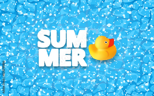 Hello summer poster. Summer holiday background with vector objects. Swimming pool, yellow rubber duck and text SUMMER
