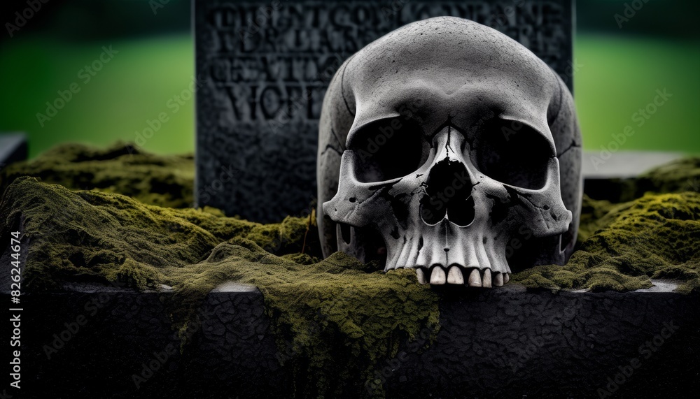 A realistic skull rests on a moss-covered stone with cryptic tombstone in the blurry background under a greenish hue.. AI Generation A realistic skull rests on a moss-covered stone with cryptic tombstone in the blurry background under a greenish hue.. AI Generation