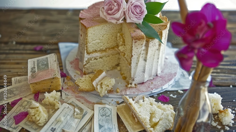 A cake sits atop a table beside a vase with flowers and cash A cake sits atop a table beside a vase with flowers and cash