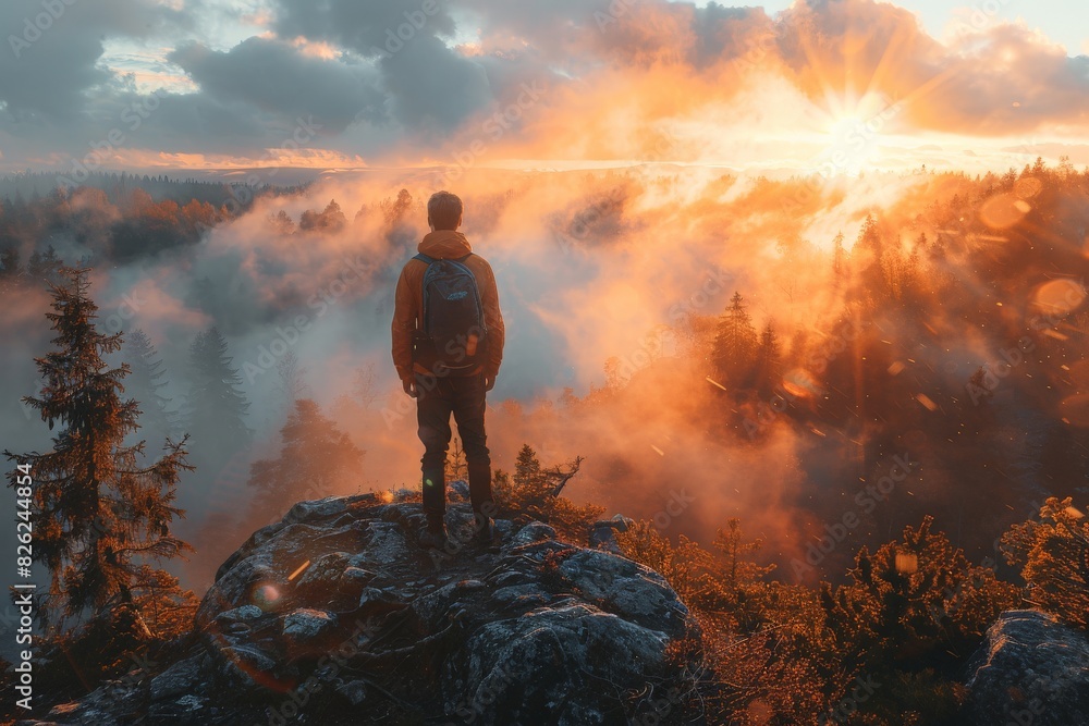 A lone adventurer stands atop a rocky peak gazing at a sunrise over a foggy forest landscape A lone adventurer stands atop a rocky peak gazing at a sunrise over a foggy forest landscape