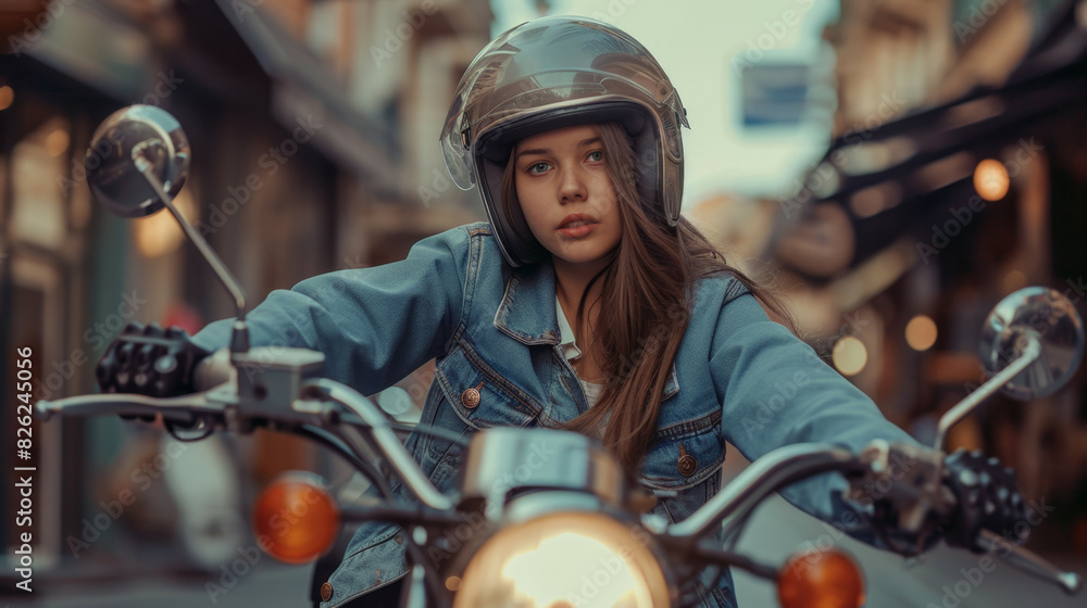 Biker girl in a leather jacket on a motorcycle looking at the sunset