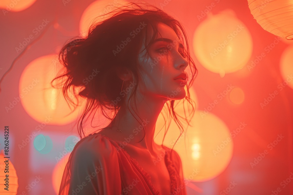 The blurred face does not detract from the enigmatic atmosphere of a figure among red glowing lanterns