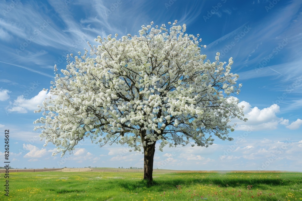 Blossoming Tree. A Single Tree in Spring Bloom Against a Bright April Sky Blossoming Tree. A Single Tree in Spring Bloom Against a Bright April Sky