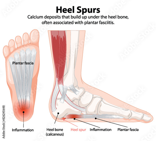 Illustration of heel spurs and plantar fasciitis