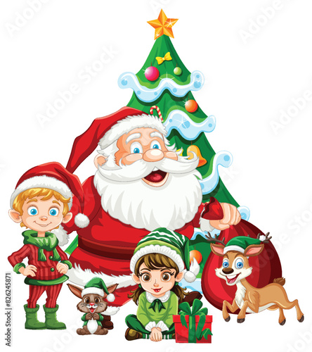Santa with elves and reindeer by Christmas tree