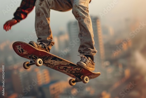 Skateboarder performing trick above cityscape