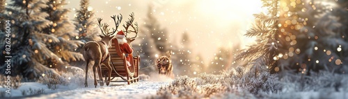Reindeer Sleigh Focus on a reindeer pulling a sleigh with Santa with a snowy field background, soft daylight, empty space center for text photo