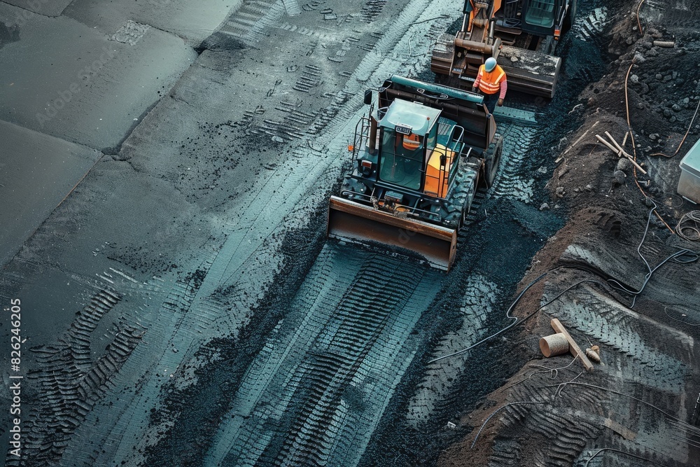 A construction site with a large piece of equipment in the foreground. Concept of progress and hard work A construction site with a large piece of equipment in the foreground. Concept of progress and hard work