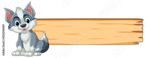 Adorable puppy sitting beside a wooden sign