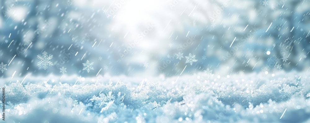Snowfall Focus on snowflakes gently falling with a scenic winter landscape background, soft daylight, empty space left for text