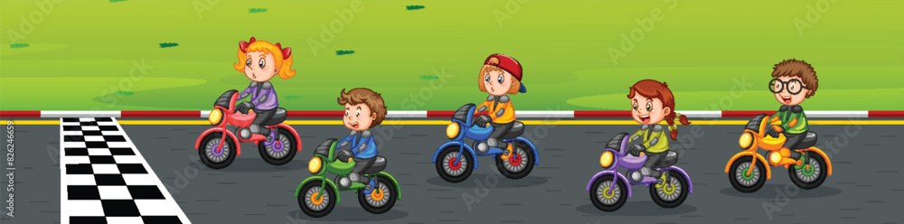 Kids racing on bicycles towards finish line Kids racing on bicycles towards finish line