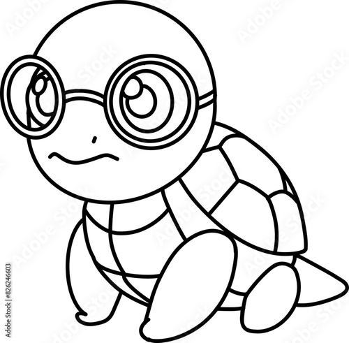 Hand drawn turtle wearing glasses. Outline