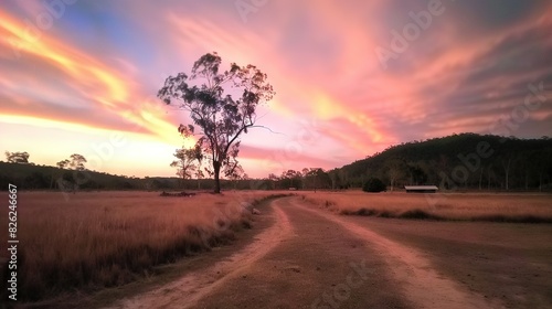   A dirt road lies amidst a field  framed by a tree on one side and a stunning sunset on the other