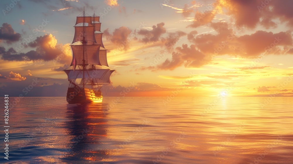 Sailing ship in sea water at sunset. Sailing ship in sea water at sunset.