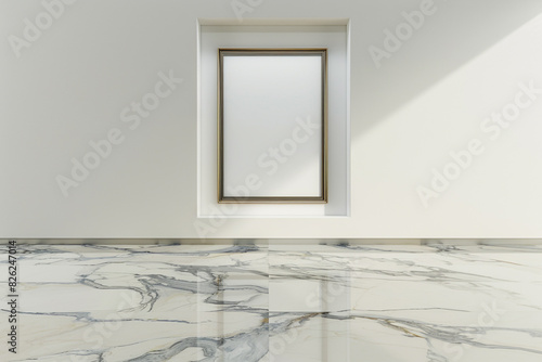 Sleek gallery space featuring a 3D empty frame on a polished Calacatta Borghini marble floor. photo