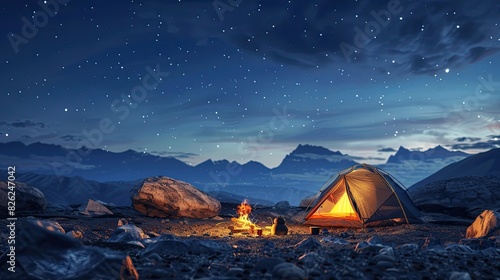 A small tent is set up in the middle of a rocky field. The sky is dark and starry, and the only light comes from the fire in the tent. The scene is peaceful and serene