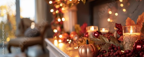 Thanksgiving Decorations Focus on Thanksgivingthemed decorations on a mantel with a cozy living room background, warm indoor light, empty space right for text photo