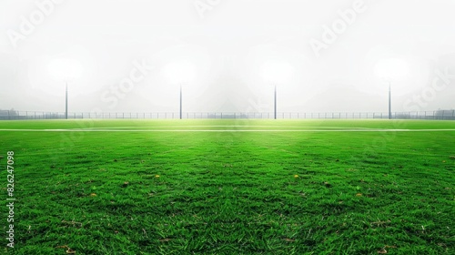 A panoramic view of a football field under powerful stadium lights, showcasing the vivid green grass, on a clean white background with room for text