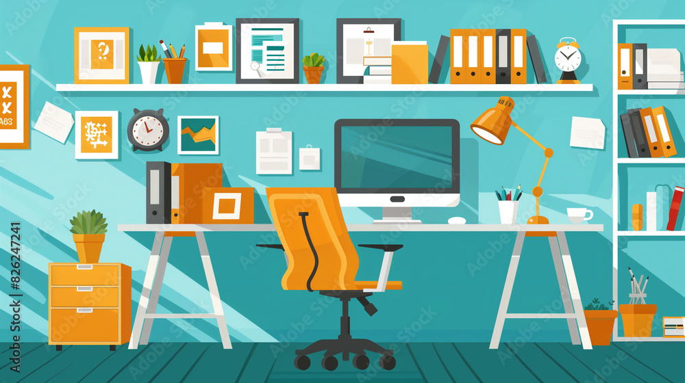 workplace with computer monitor without people with office items workplace with computer monitor without people with office items