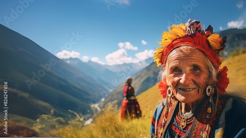 really old mountaineer lady traditional clothes; an image of woman reflecting the concept of moving away from traditions and keeping them only in the older generation; idea of heritage of our ancestor photo