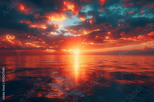 Breathtaking view of a radiant sunset over the calm sea with striking clouds