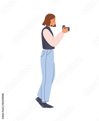 Photographer takes photos with photocamera. Girl holds professional camera and shots, snapshots, creates photographs. Digital photography. Flat isolated vector illustration on white background