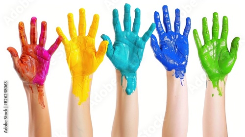 A hand with a blue stripe is painted on it. The hand is part of a painting of a rainbow