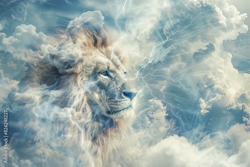 Divine Being with Human, Lion, Ox, and Eagle Faces Radiating Energy Amidst Storm Clouds and Lightning, Symbolizing Chaos and Power. © Exotic Escape