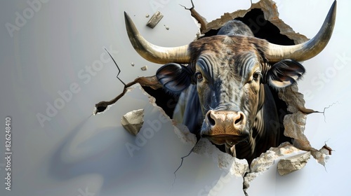 Fototapeta Naklejka Na Ścianę i Meble -  Bull Breaking Through Concrete Wall