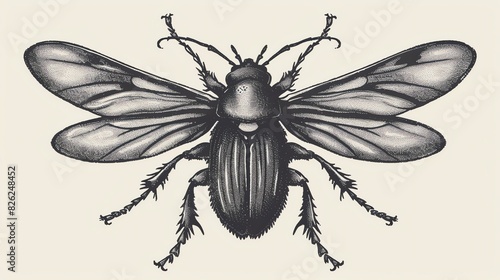 Beetle with outspread wings. Detailed hand drawn illustration. photo