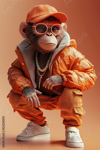 Fnny monkey in orange jacket, cap and pants © Riva