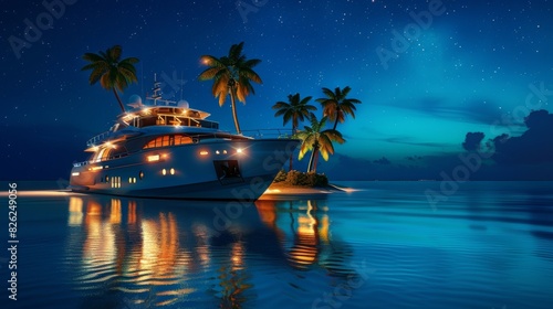 Luxury yacht with small island with palm trees in sea water.
