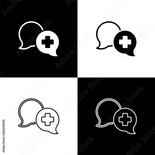 Set Dialogue with the doctor icon isolated on black and white background. Doctor and patient dialog. Consulting about medical health services. Vector