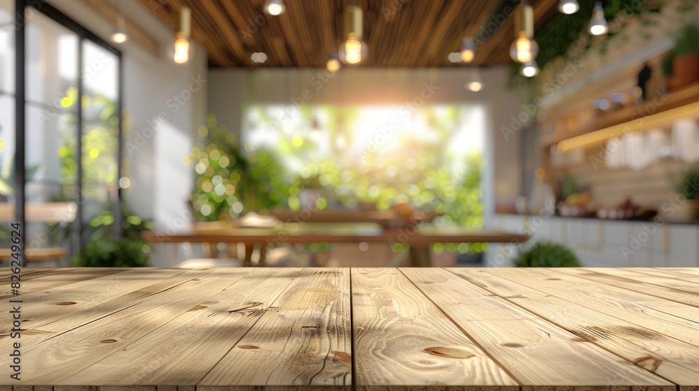 A wooden table with a view of a kitchen and a dining room. The table is empty and the room is bright and inviting A wooden table with a view of a kitchen and a dining room. The table is empty and the room is bright and inviting