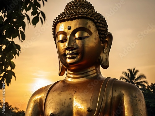 silhouette of the buddha statue in golden hour at county of temperature, photo grade, high resolution, yellow and orange, sharp focus, colorism, shaped canvas, religious art, serene atmosphere, ancien photo