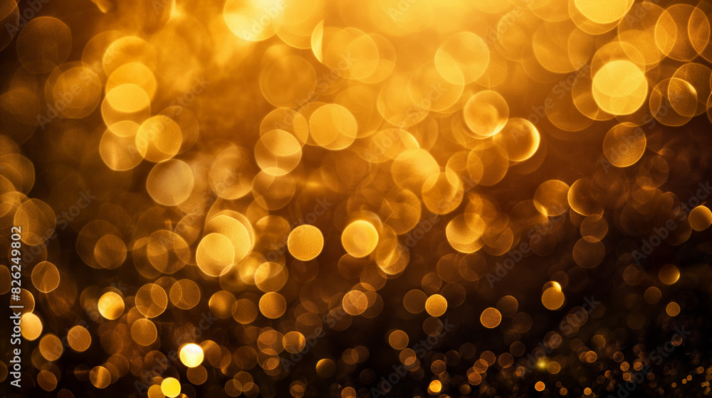 Obraz premium Bright golden bokeh lights scatter across a dark background, offering a festive and elegant backdrop