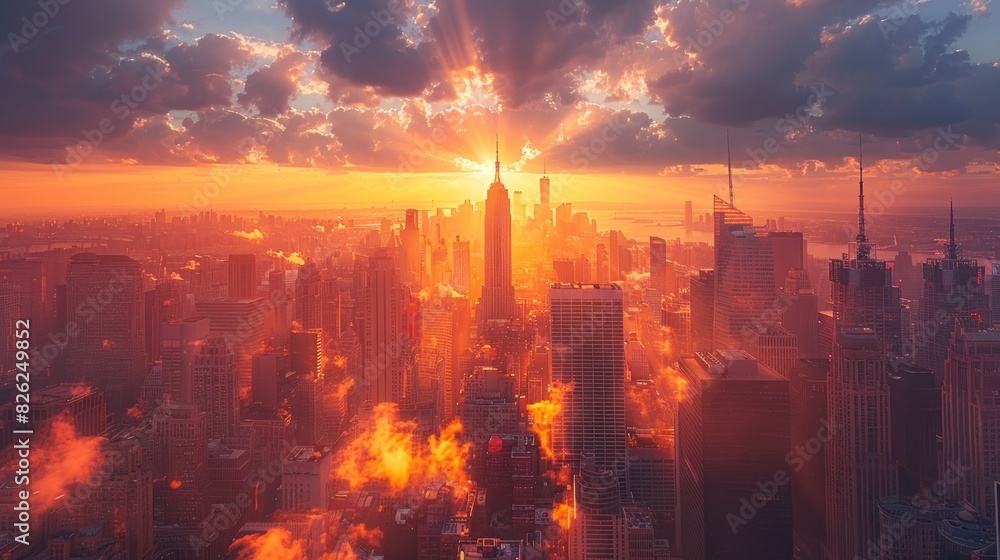An aerial shot capturing a city skyline during sunset, with skyscrapers and buildings illuminated by warm, golden light An aerial shot capturing a city skyline during sunset, with skyscrapers and buildings illuminated by warm, golden light