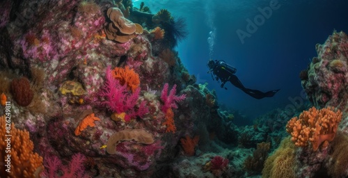 Scuba diver and colorful tropical fish on a coral reef. Underwater world. Coral reef and fishes. Diver.