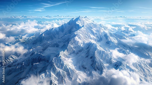 An aerial photograph of a mountain range, emphasizing the vastness and beauty of the snow-capped peaks and valleys