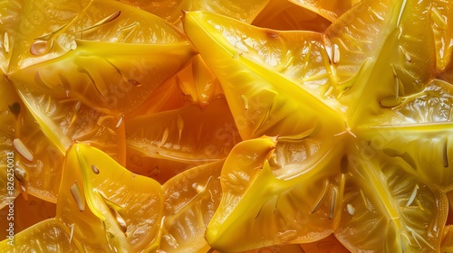 Close-up image of a star fruit. The fruit is sliced and arranged in a pattern. The slices are yellow and have a translucent appearance. photo